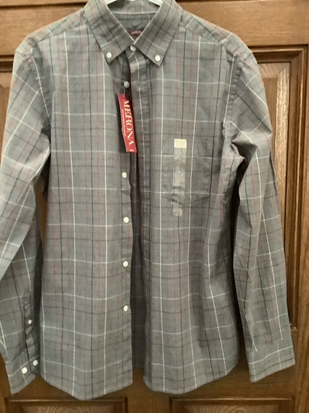 Merona Gray Plaid Button-Down Shirt with Subtle Red Accents